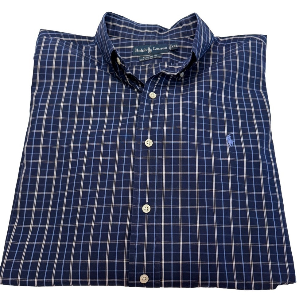 Ralph Lauren Mens Custom Fit Two Ply Cotton Blue Plaid Button Up Shirt Sz XXL